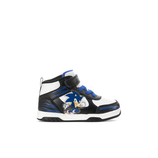 Toddler high-top sneakers in black, white, and blue with blue laces and cartoon patch.
