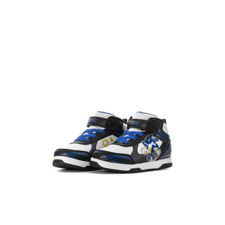 Toddler high-top sneakers, black/white/blue, with cartoon graphic and blue lace-up front.