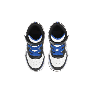 Toddler high-top sneakers with black collars, blue laces, and white uppers.