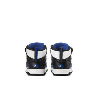 Toddler high-top sneakers with black heel tabs and blue character print on back.