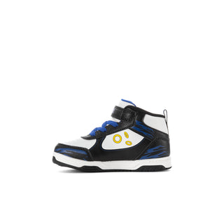 Toddler high-top sneakers in black, white, and blue with yellow eye graphic and blue laces.
