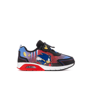 Kids black, blue, and red sneakers with Sonic character graphic on side