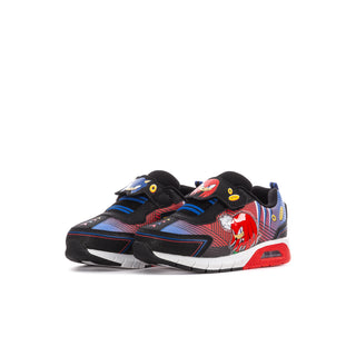 Kids black and red sneakers with Sonic and other character decals, blue accents