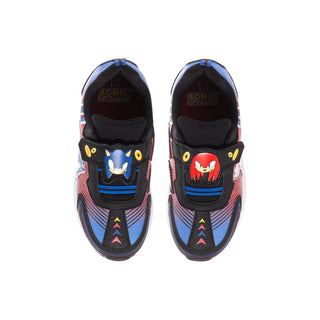 Kids black sneakers with Sonic and red character patches on tongue; blue trim