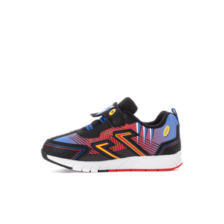 Kids black, blue, and red low-top sneakers with multicolor Sonic-themed side