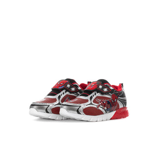 Kids Spider-themed sneakers, side view, black and red lace-up with chunky tread