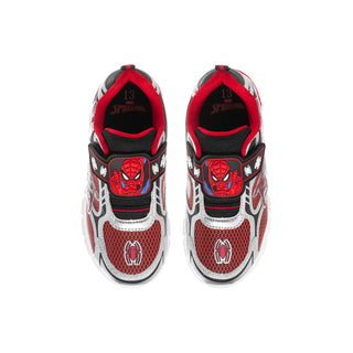 Kids Spider-themed sneakers pair, front view, red lining and textured sporty uppers