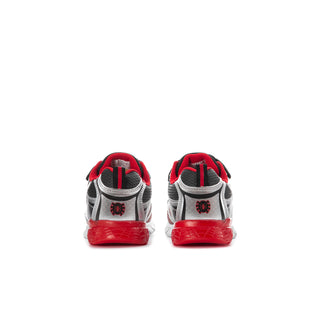 Kids Spider-themed sneakers, back view, black heel with red pull tab detail