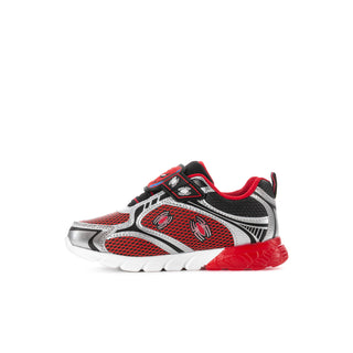 Kids Spider-themed sneakers, angled side view, black and red with red outsole