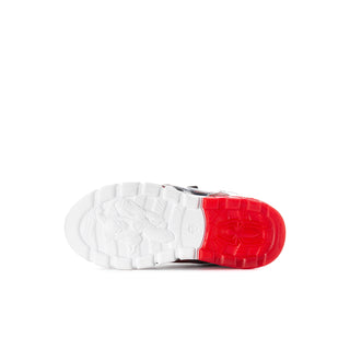 Kids Spider-themed sneakers outsole view, white sole with red traction bottom