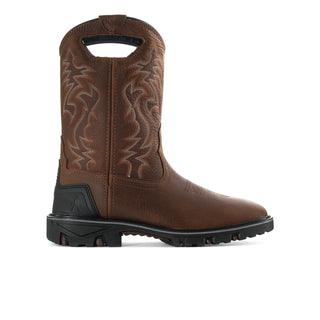 Men's brown western work boots with ornate side embroidery and black rubber sole