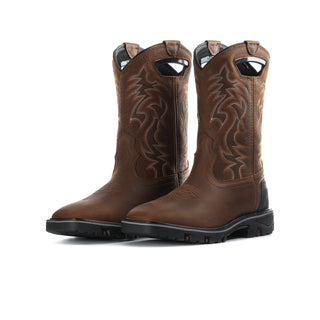 Pair of men's brown western work boots with ornate stitching and black rugged outsole