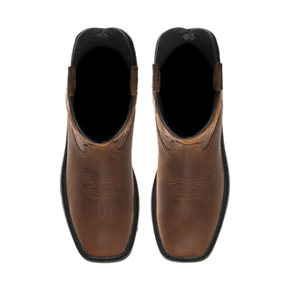 Men's brown western boots with open collar and black lining, ornate embroidery