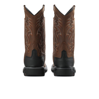 Men's brown western work boots from back view with black heel, ornate side embroidery