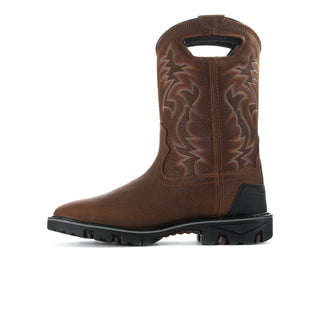 Men's brown western work boots with ornate pull-on panels and black rubber sole