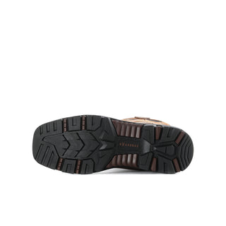 Boot outsole with deep tread and contrast brown and black materials