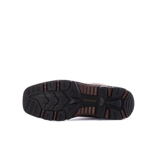 Outsole view of men's dark brown cowboy boots with rugged tread and black rubber