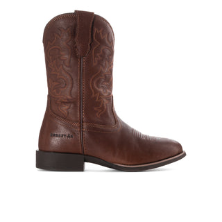 Men's brown western boots with embossed swirl pattern and side zipper detail
