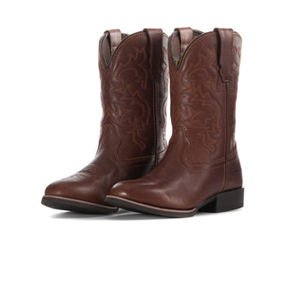 Pair of men's brown western boots, pull-on style with dark rubber sole