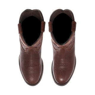 Men's brown western boots with embossed finish and black-lined interior