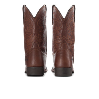 Men's brown western boots, rear view with embossed shafts and stacked heel
