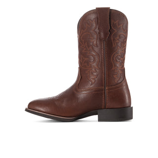 Men's brown western boot with embossed toe and mid-calf shaft, low block heel