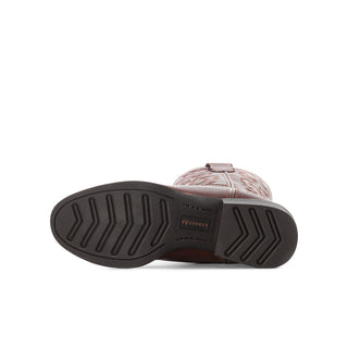 Men's brown boot outsole with chevron tread and textured rubber edge