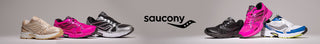 Saucony shoes. White and gold shoe, pink and black shoe, and black and silver shoe