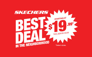 Skechers promotional banner with 'Best Deal in the Neighborhood' text on a red background