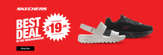 Skechers shoes on a red background with promotional text.