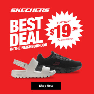 Skechers promotional banner with shoes and text on a red background