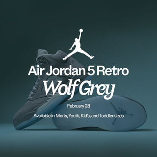 Air Jordan 5 Retro Wolf Grey sneakers with Jordan logo on a dark background
