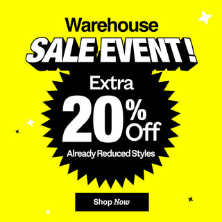 Warehouse sale event advertisement with 20% off on a yellow background