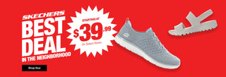Skechers promotional banner with gray sneakers and a price tag on a red background