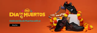 Celebrate Día de Muertos with WSS. Themed sneakers and boots surrounded by marigolds and butterflies on an orange background. Shop now.