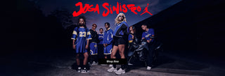 Promotional image of people wearing sports jerseys with 'Joga Sinistro' branding.