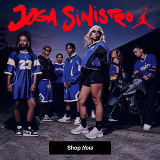 Promotional image of people wearing sports jerseys with 'Joga Sinistro' branding.