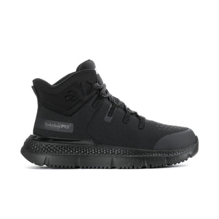 Black mid-top work boot, lace-up closure, Timberland Pro logo on side
