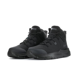 Pair of black lace-up mid-top work boots with chunky tread and Timberland Pro logos