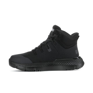 Black mid-top work boot side view, lace-up straps and Timberland Pro side logo