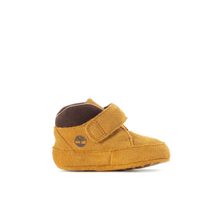Infant mid-bootie in wheat suede with dark brown lining and hook-strap closure