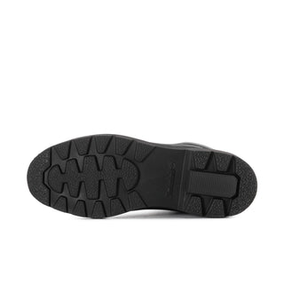 Black men's boot outsole with rugged tread pattern and side traction blocks
