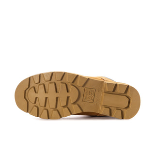 Wheat composite-toe work boot outsole, tread pattern with logo patch.