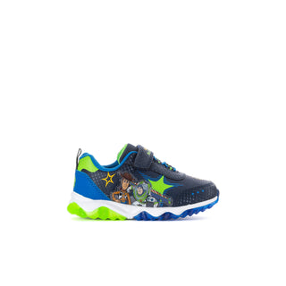 Toddler sneakers with dark navy upper, blue trim, neon green accents, and character graphic
