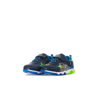 Toddler sneakers with dark navy panels, bright blue accents, star print, and character graphic