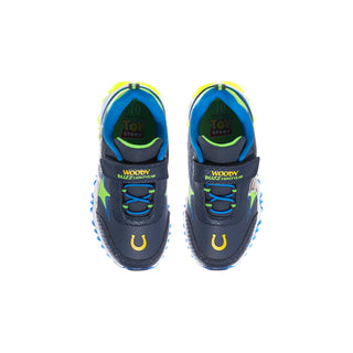 Toddler sneakers with Toy Story tongue labels: Woody and Buzz Lightyear, neon green lining