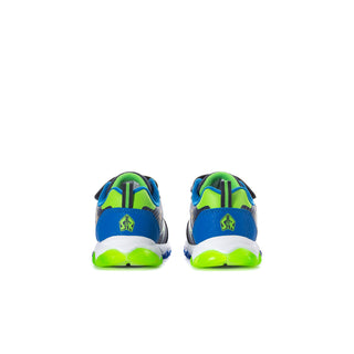 Toddler sneakers back view with blue heel, neon green collar, and bright green outsole