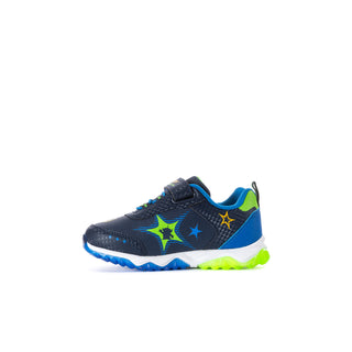 Toddler sneakers with dark navy, bright blue side panels, neon green stars, and character print