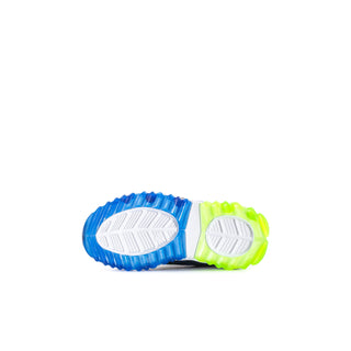 Toddler sneaker outsole with blue tread and neon green heel and toe pads