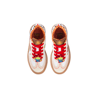 Kids sneakers with "TOY" printed insoles, red laces, white uppers, tan sole